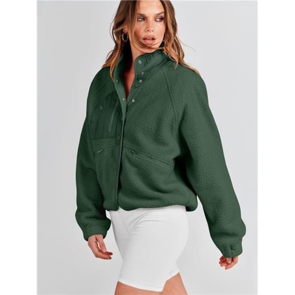 Fleece Jacket Button Down Shacket Sherpa Cropped Coats with Pockets For Women - Picture 6 of 6